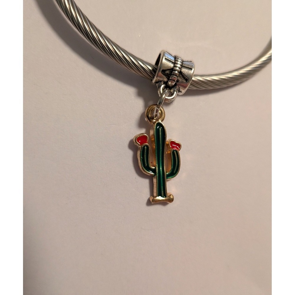 Gold Tone Green Enamel Saguaro Cactus Dangle Charm for Bracelet or Necklace